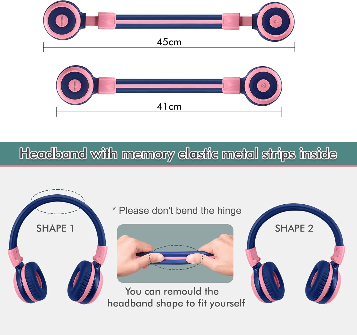 SIMOLIO Kids Headphones Bluetooth 2 Pack with 75dB,85dB,94dB Volume Limit, Wireless Kids Headphone with Mic & Hard Case, Children Headsets with Share Jack for Girls Boys, Toddlers (Pink+Mint) - Image 8