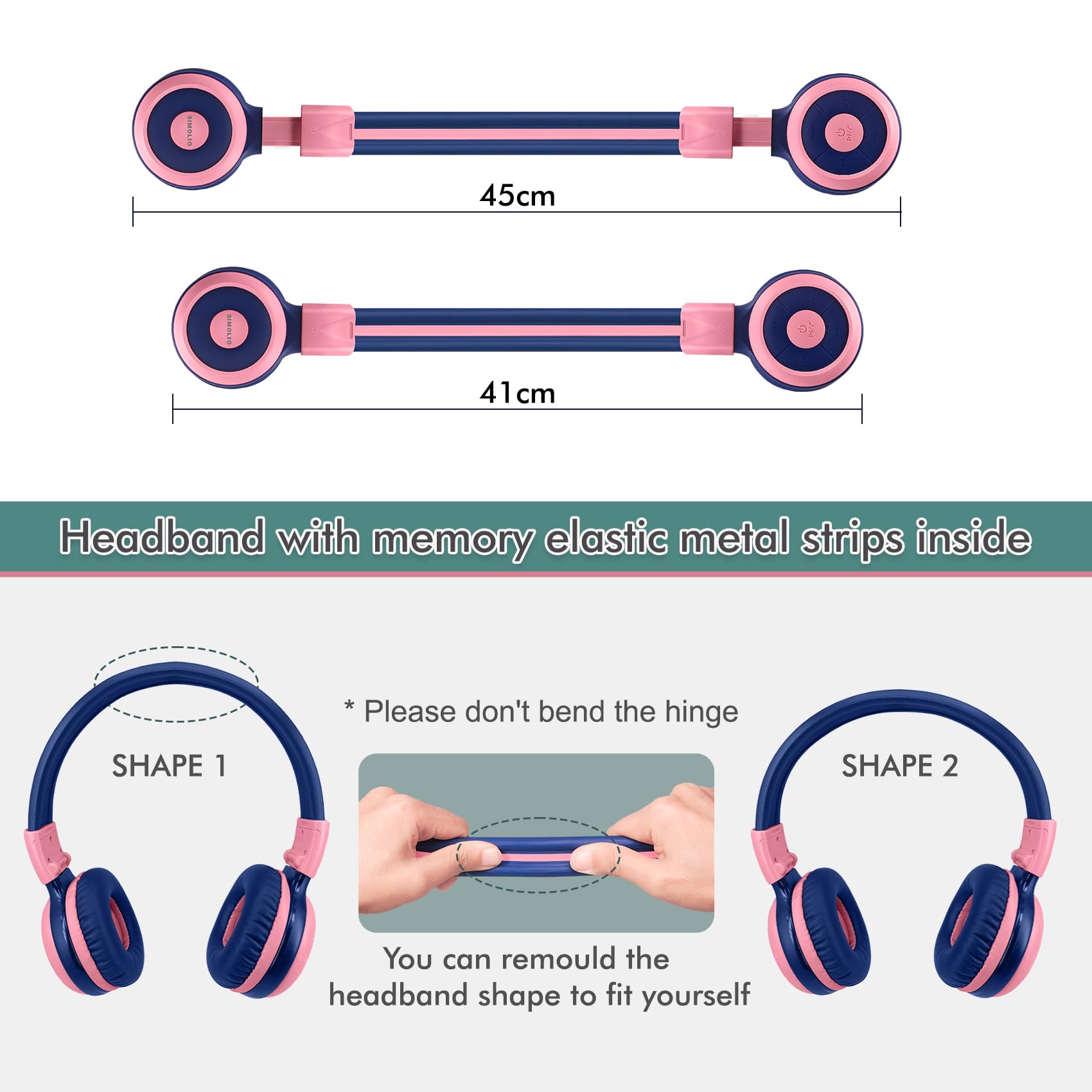 SIMOLIO Auriculares inalámbricos Bluetooth para niños con micrófono, Protección auditiva Auriculares para niños, Volumen Limitado, Puerto compartido, Sonido Estéreo, 15 Horas Reproducción, AUX Cable