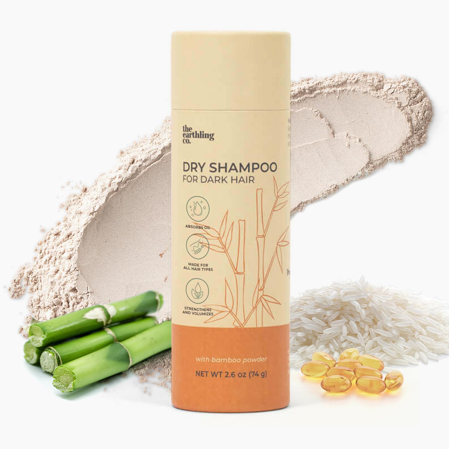 The Earthling Co. Dry Shampoo – Non Aerosol Volumizing Powder for Oil – Natural, Organic Ingredients for Brown and Black Hair – Talc-free formula with Rosemary Oil and Biotin (Dark Hair, 2.6 oz)