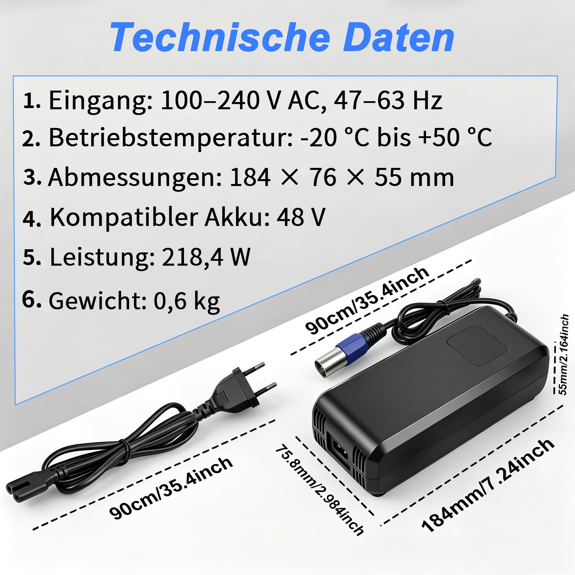 Chargeur 54,6 V 4 A avec connecteur XLR 3 broches pour batteries au lithium 48 V dans les appareils de transport personnels. Équipé d'un indicateur de tension LED en temps réel et d'un refroidissement