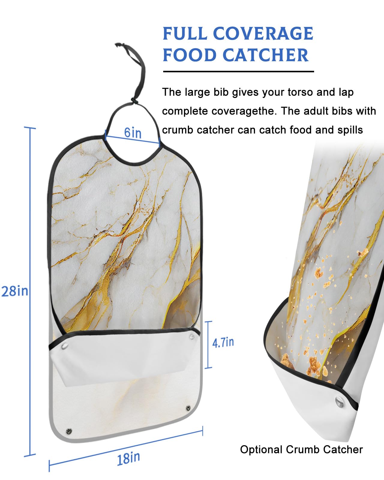 Marble Gold Grey Adult Bib for Eating with Crumb Catcher,Washable & Waterproof Terry Cloth Adjustable Elderly Women Men Adult Bibs Funny Apron Clothing Protector Modern Abstract Minimalist Art