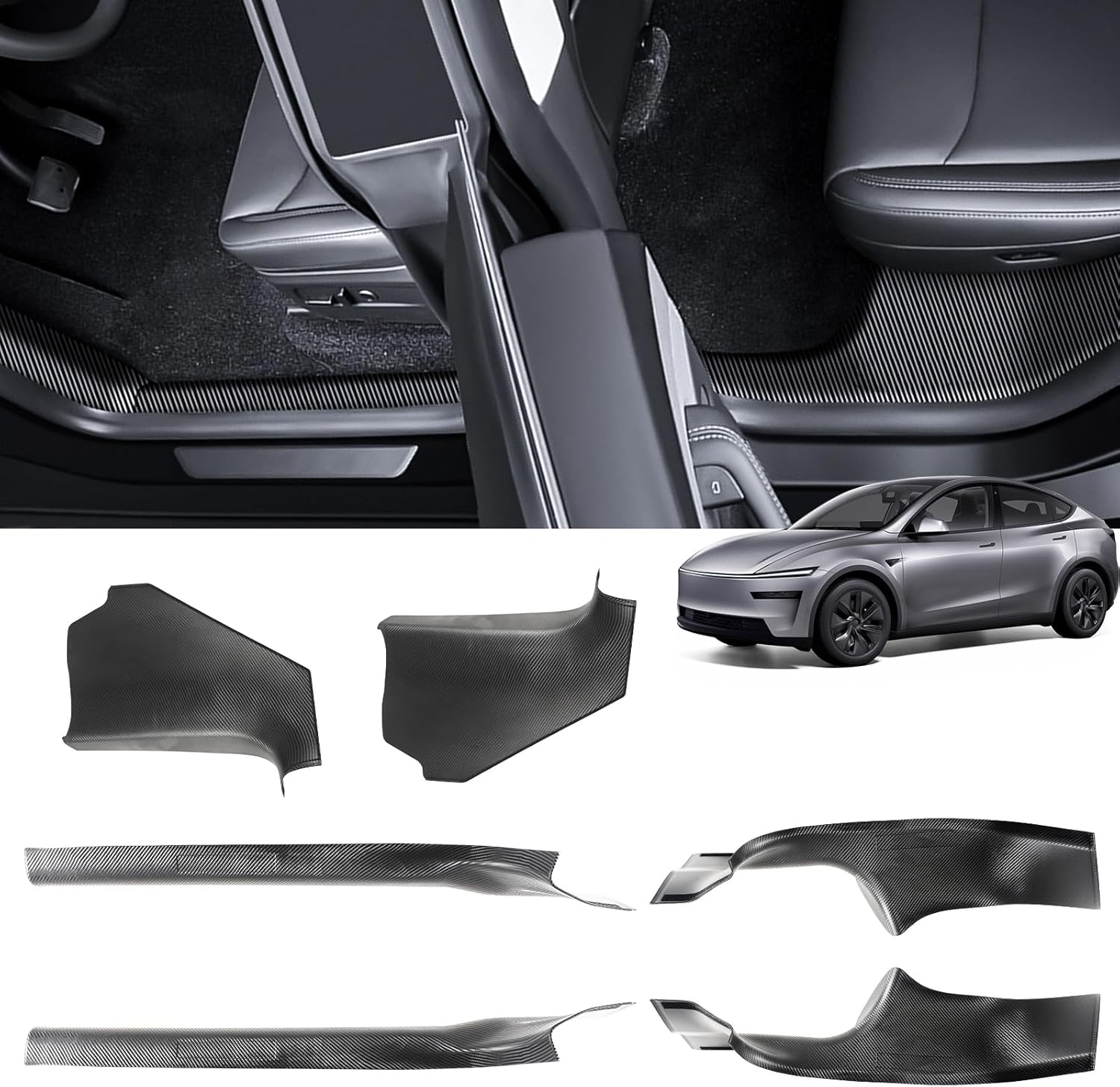 GearUp 6PCS Carbon Fiber Printing Door Sill Protector for Tesla Model Y Juniper 2025 ABS Door Entry Guard Door Sill Cover