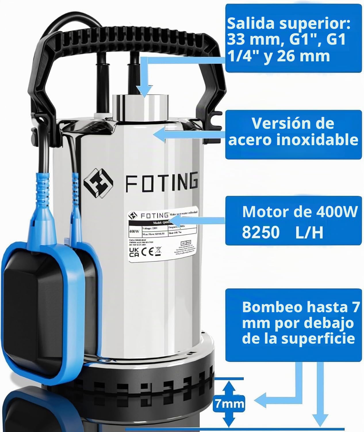 FOTING Bomba de agua Sumergible 400W, capacidad de 8.250 l/h, Altura máxima de suministro 7 m, inmersión máx. 7 m, interruptor de flotador, nivel mín. 7 mm, para jardín y depósitos