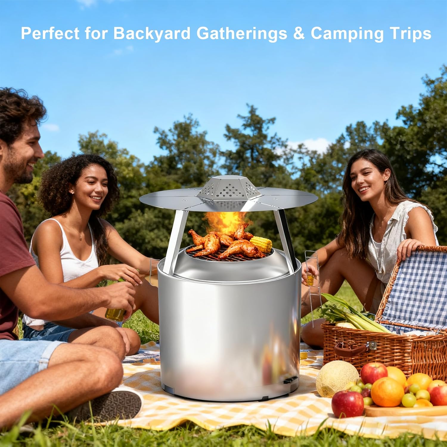 Heat Deflector for Solo Stove Bonfire 19.5", 304 Stainless Steel, Fire Pit Captures Warmth-Magnifies The Heat Radius with Carrying Handle & 3 Legs Accessory