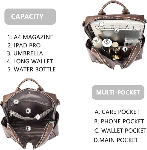 Miniatura 6 de Bolso tipo mochila para mujer, de cuero auténtico, de moda, de hombro convertible, bolsa de viaje, mochila para mujer, S, Mochilas Daypack