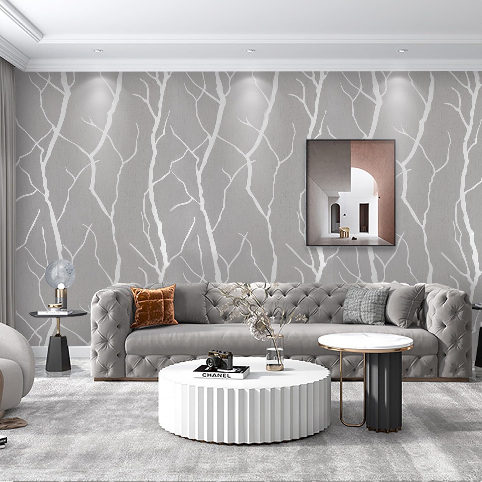 Trafagala Non-Woven White and Grey Wallpaper 3D Embossed Striped Feature Branch Glitter Wallpaper Flocking Textured Wallpapers Modern Minimalist for Bedroom Living Room TV Backdrop Hallway Hall Lounge