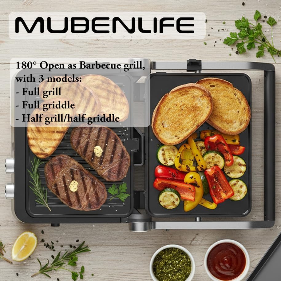 Panini Press,4 Slices Contact Grill with Removable Non-Stick Coated Grill and Flat Plates,Panini Makers with Temperature Control and Timer,Open 180 Degrees,Grill and Griddle (Half black with digital)