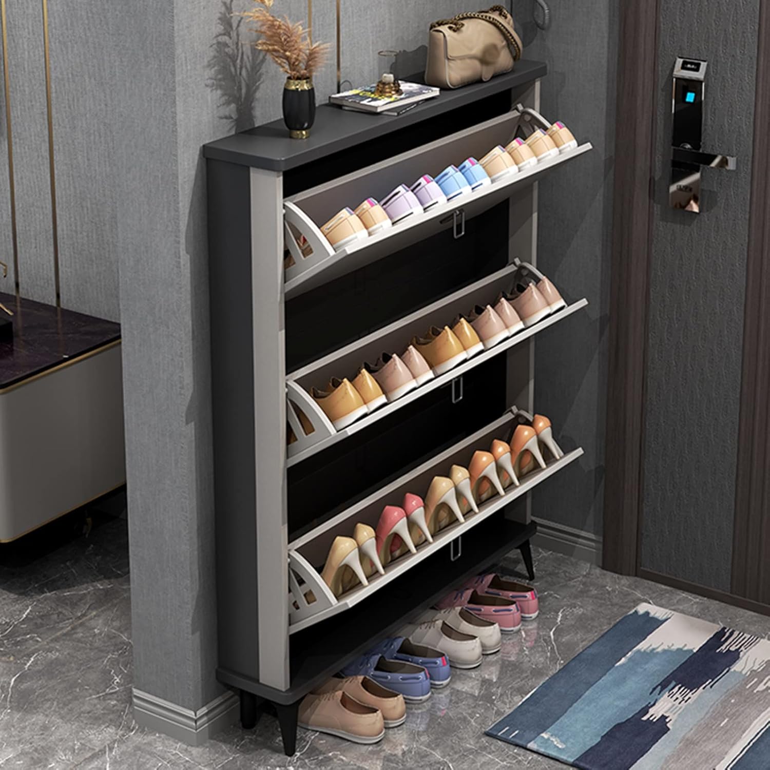 Narrow Shoe Storage Cabinet 3 Flip Drawers, Modern Freestanding Shoe Rack Wood Tipping Bucket Shoe Rack (Gris 80x17x120cm)