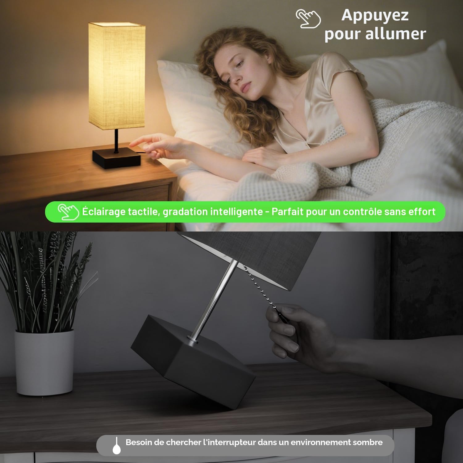 Lampe de Chevet Lot de 2 - Lampe de Bureau avec Contrôle Tactile, Lampe Chevet Chambre avec 2 *Port USB, 3 Tons & 1-100% Gradation, Ampoule Incluses