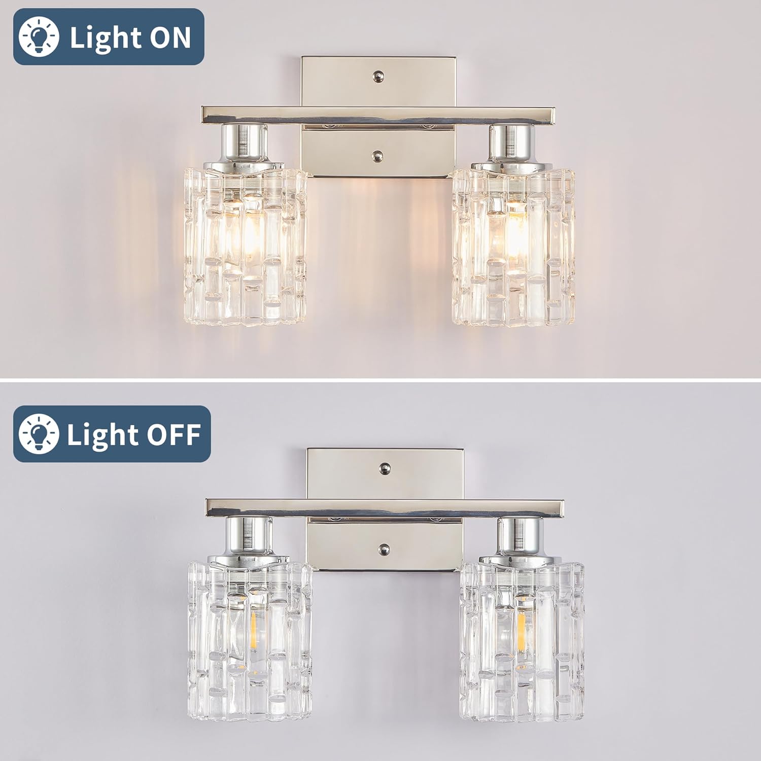 2 Light Silver Chrome Bathroom Vanity Light Over Mirror, Modern Vanity Lighting with Crystal Glass Shade, Wall Mount Bathroom Light Fixtures, E26 Base