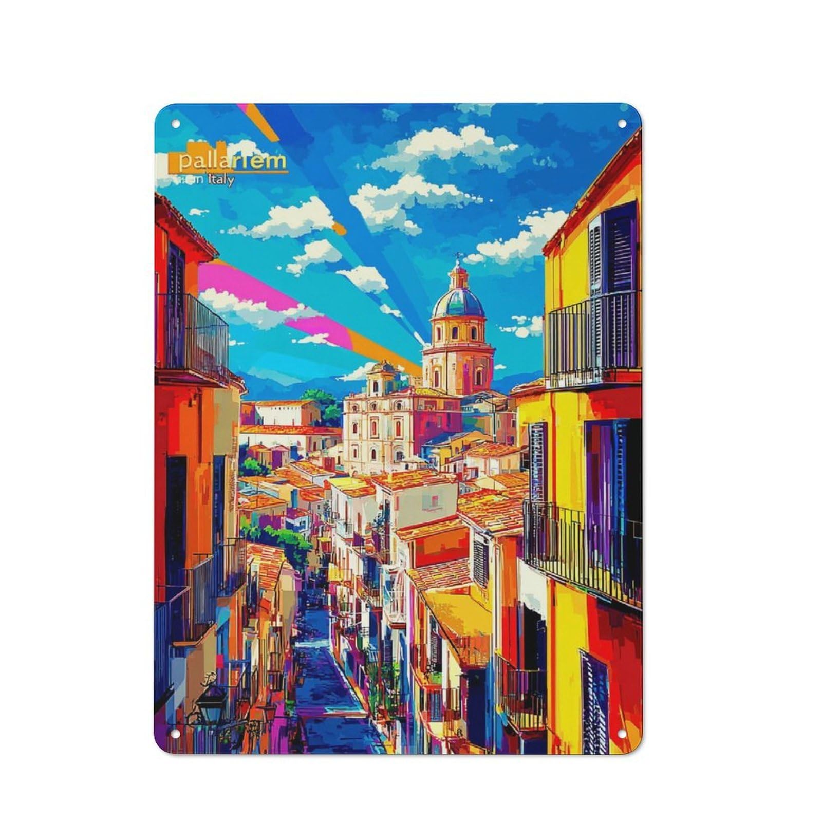 Junmoney Colorful Italian Village Street Scene Metal Wall Sign 40X30cm Featuring For Café Or Restaurant, A Decorative Metal Sign For Cafés And Restaurants