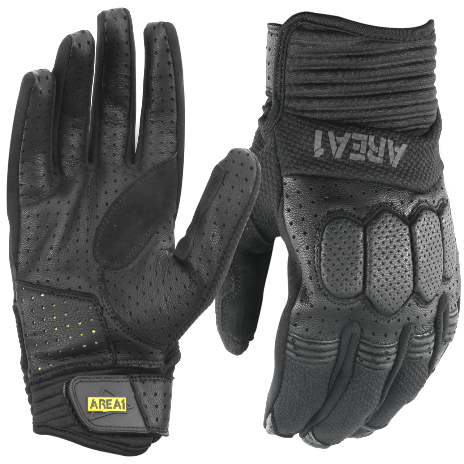 Area1 Motorradhandschuhe Leder mit Kevlar® Verstärkung, Atmungsaktiv, Knöchelschutz, rutschfeste Innenfläche – Sommer Motorrad Handschuhe Herren Damen Schwarz (Größe M-XXL)