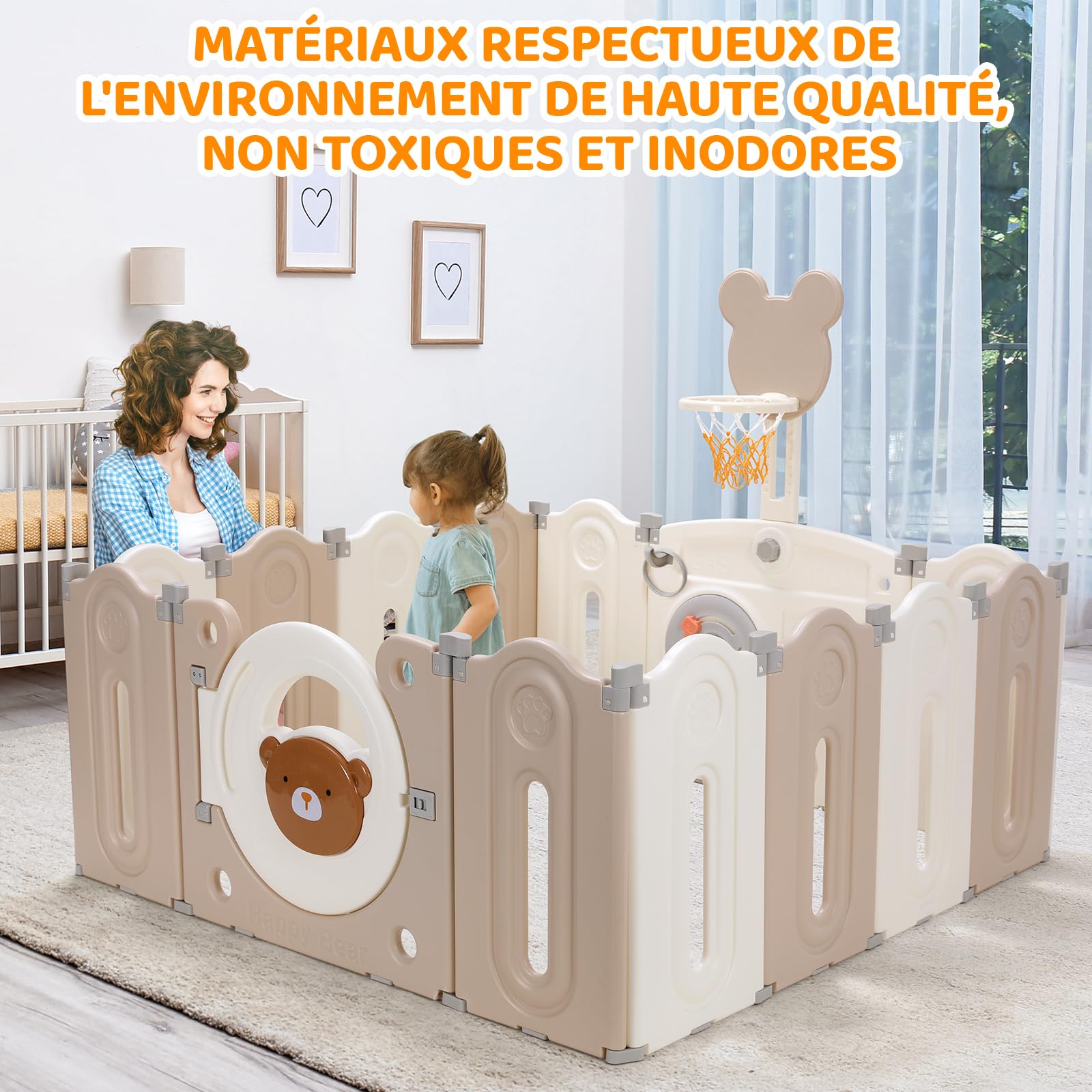 MAMIZO Parc Bebe Modulable, Forme Réglable, Matériau HDPE non Toxique | avec 12PCS Modules, Parc Bebe Pliable 143x143x64cm, Parcs pour Enfant, avec Panier de Basket, Basket-ball et Planche à Jouets