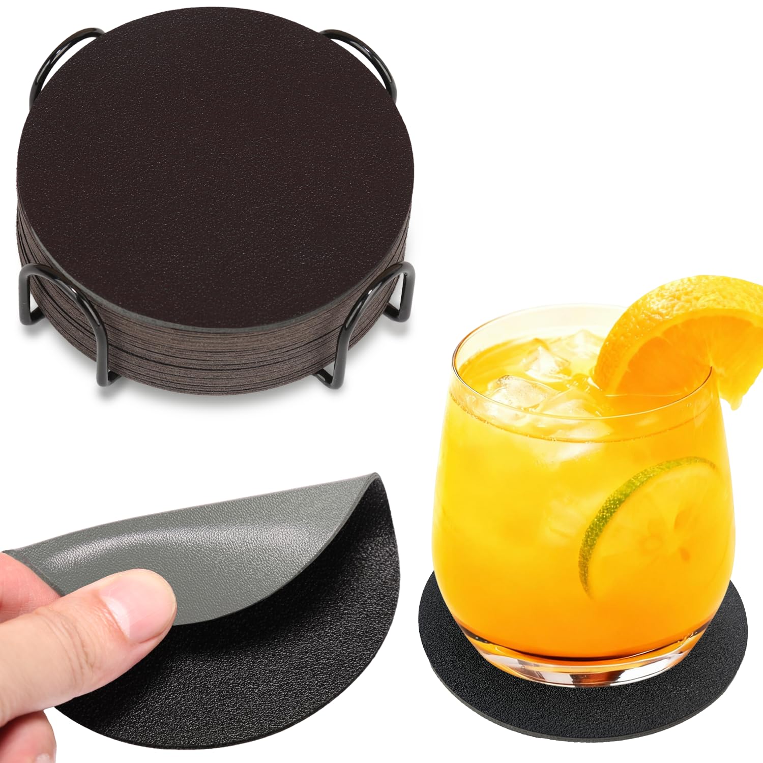 HELI MIAO 16 Stück Untersetzer Gläser, Doppelseitige Glasuntersetzer aus Kunstleder – Rund, rutschfest & hitzebeständig – Inkl. Aufbewahrungsständer (10cm, Schwarz+grau) – Für Tisch, Bar, Outdoor
