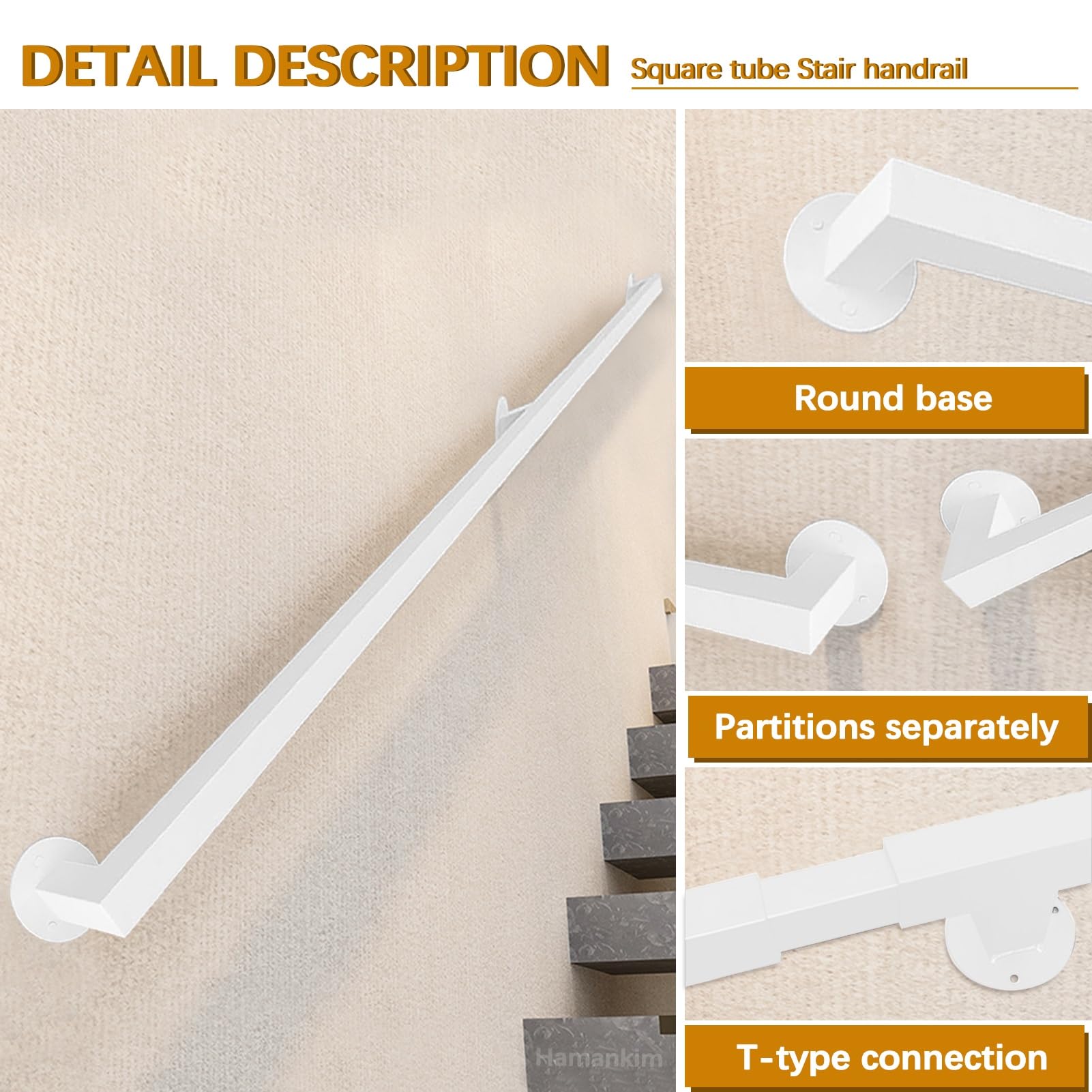 Garde-Corps Industriel en Fer forgé, Main Courante en Tuyau carré Blanc, Barre d'appui d'escalier de sécurité Robuste de 80 cm 100 cm 1,5 m 2 m 3 m 4 m 6 m, Support Mural(150cm)