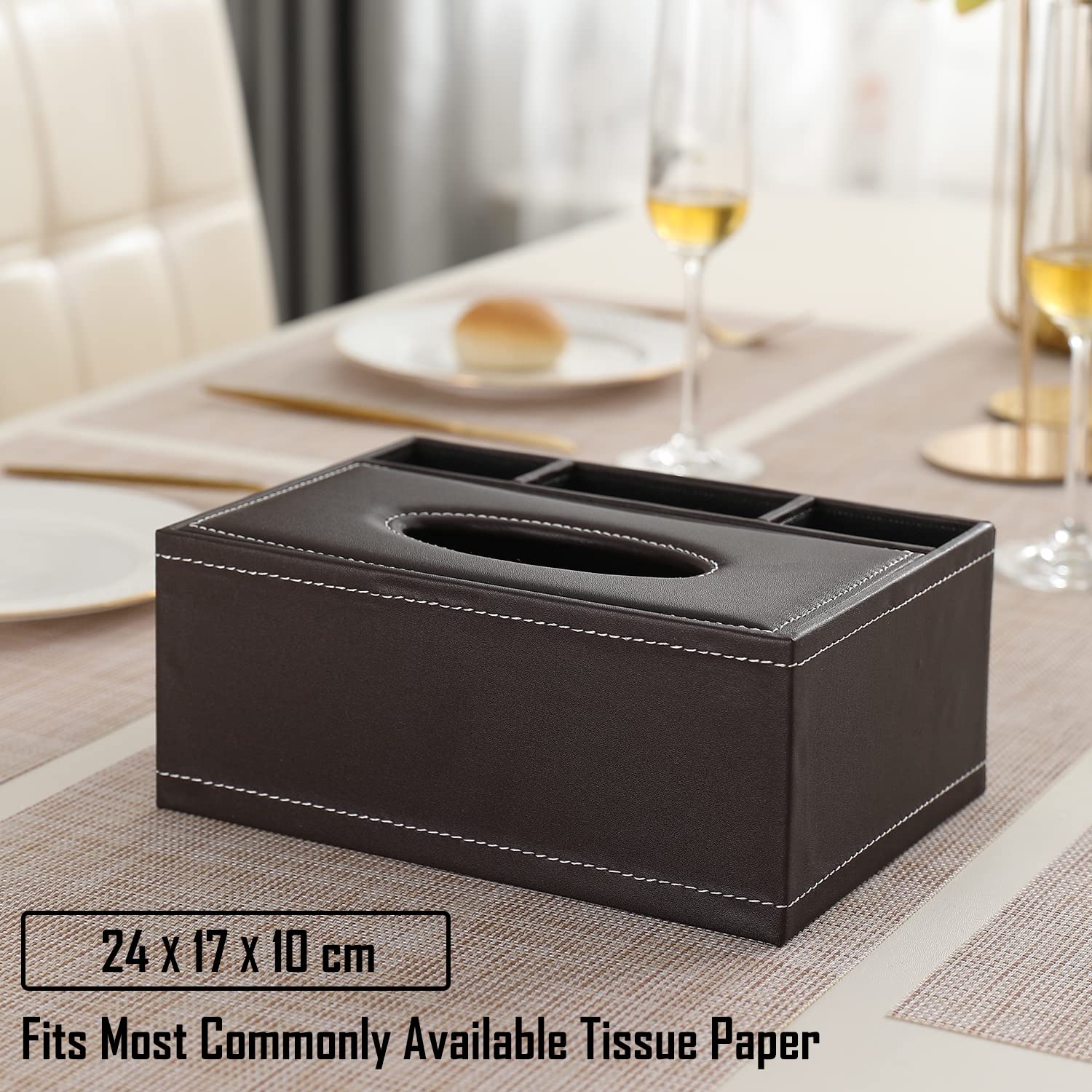 HOKIPO Faux Leather Tissue Storage Box with Compartment Remote Control Holder Desk Organizer, Brown (AR-4086-D4) 2