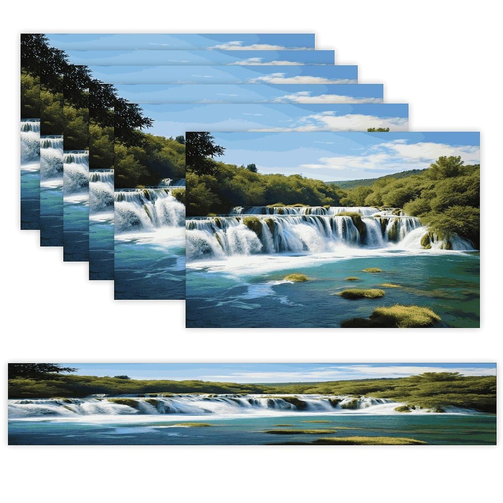 Waterfalls on Krka River Table Runner and Placemats Set of 6 Heat Resistant Table Runner Place Mats Modern Cloth Table Mat Washable Linen Placemat Festive Reusable Set