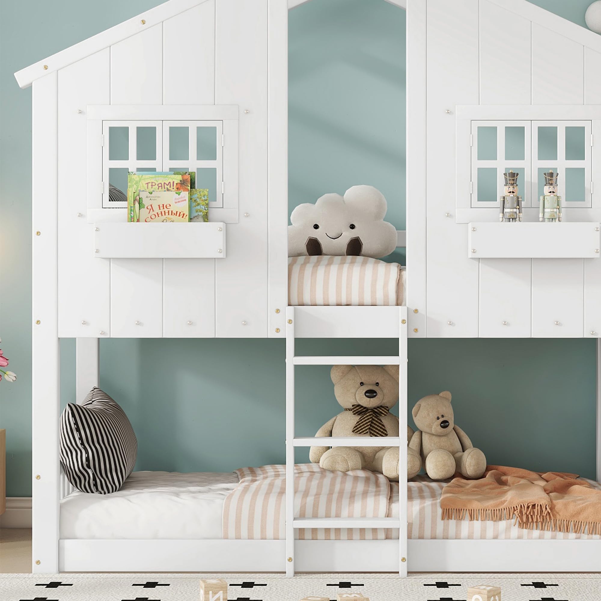 Letto a Castello (90x200 cm) in Pino+MDF con Scivolo e scaletta a Tre gradini, Letto a Castello per Bambini con Tetto, Finestra, Sponda di Sicurezza, Bianco