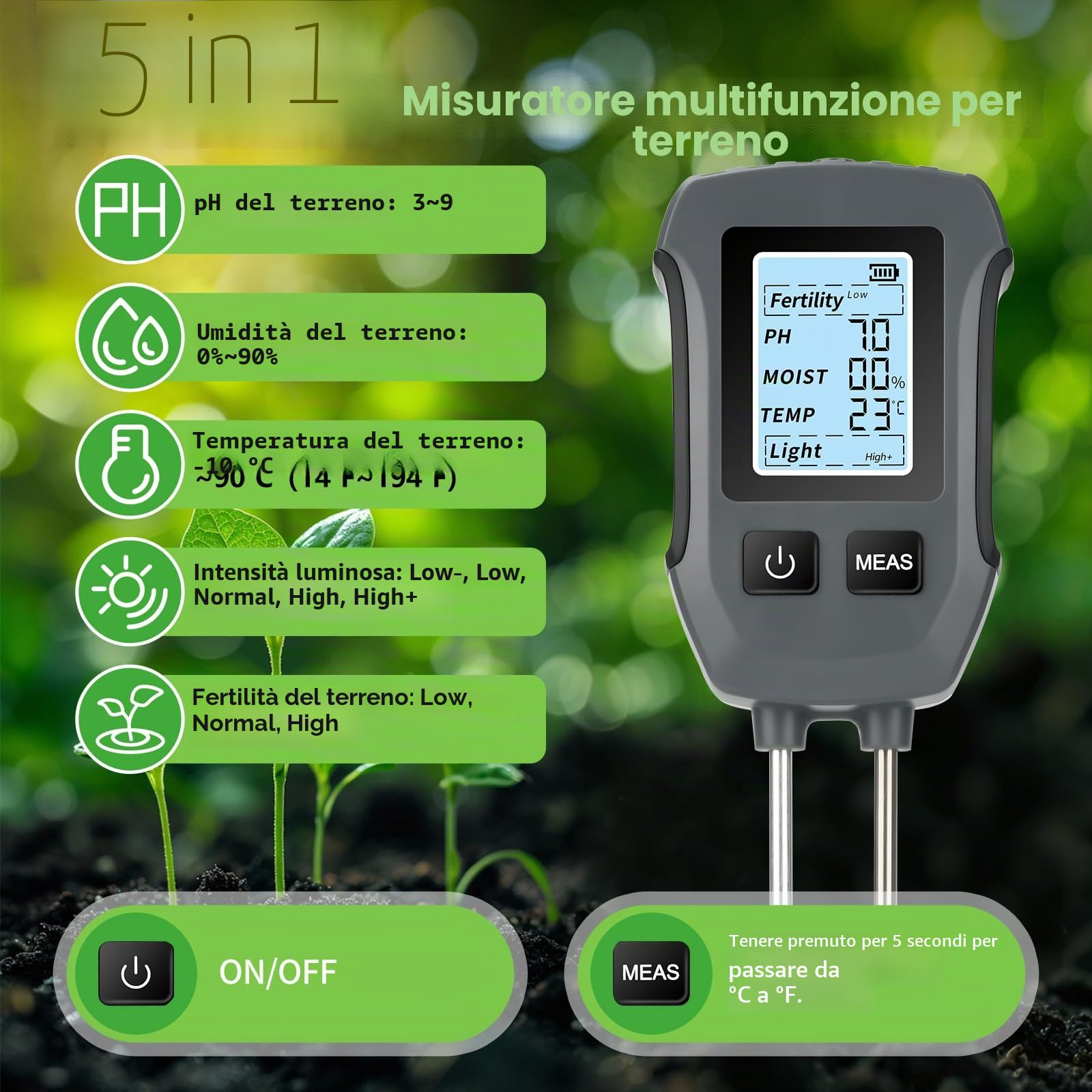 Heemol Misuratore di PH 5 in 1, Tester Multifunzione per fertilità, PH, umidità, Temperatura, Luce, misuratore di Terreno ad Alta precisione per Giardini, Piante e Piante d'appartamento