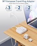 Adaptateur de prise de voyage européenne, US à l'adaptateur de prise européen avec 3 Débarquements américains & 4 USB, 3ft Cord d'alimentation européen, bande de transport international, type C pour l'Europe EU Allemagne France, Voyage, Blanc