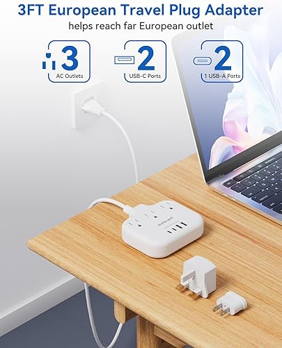 Miniatura 3 de Adaptador de enchufe de viaje europeo, adaptador de enchufe estadounidense a europeo con 3 tomas de corriente americanas y 4 USB, cable de