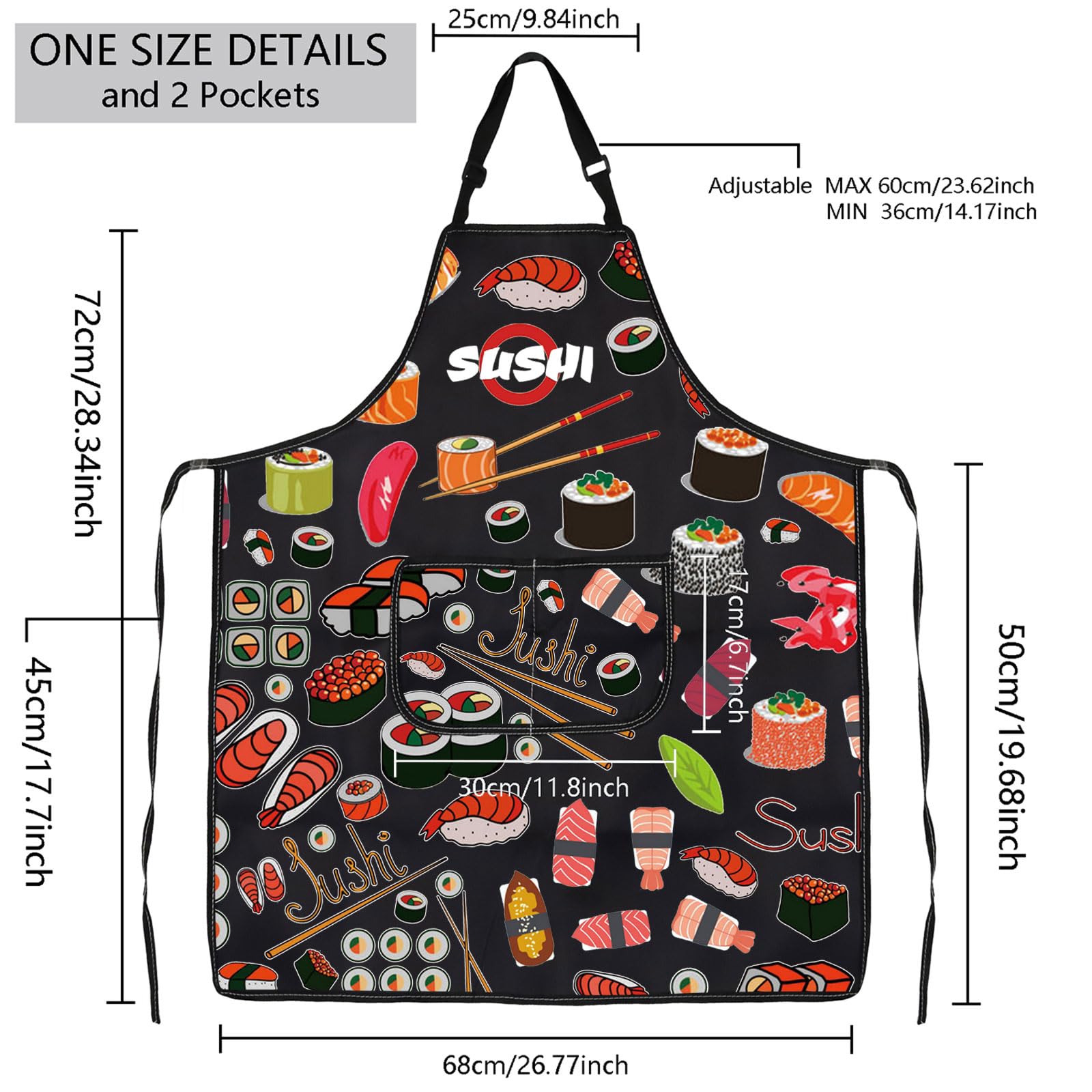 Delantal de sushi con bolsillos, regalo de chef de sushi, lindo delantal con estampado de sushi para amantes del sushi, divertidos regalos de sushi, delantal para hacer sushi, Delantal de 2