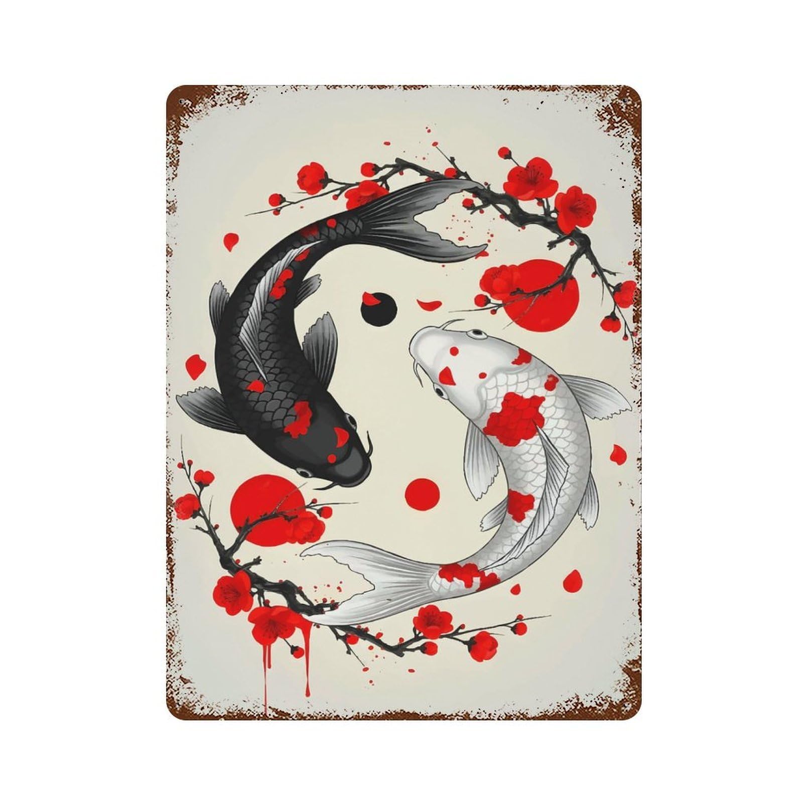 Yin Yang Koi Fish Sakura Vintage Rust Metal Sign 15.7"x11.8", for Basement, Hobby Room And Garage Decor, Farmhouse Wall Decor