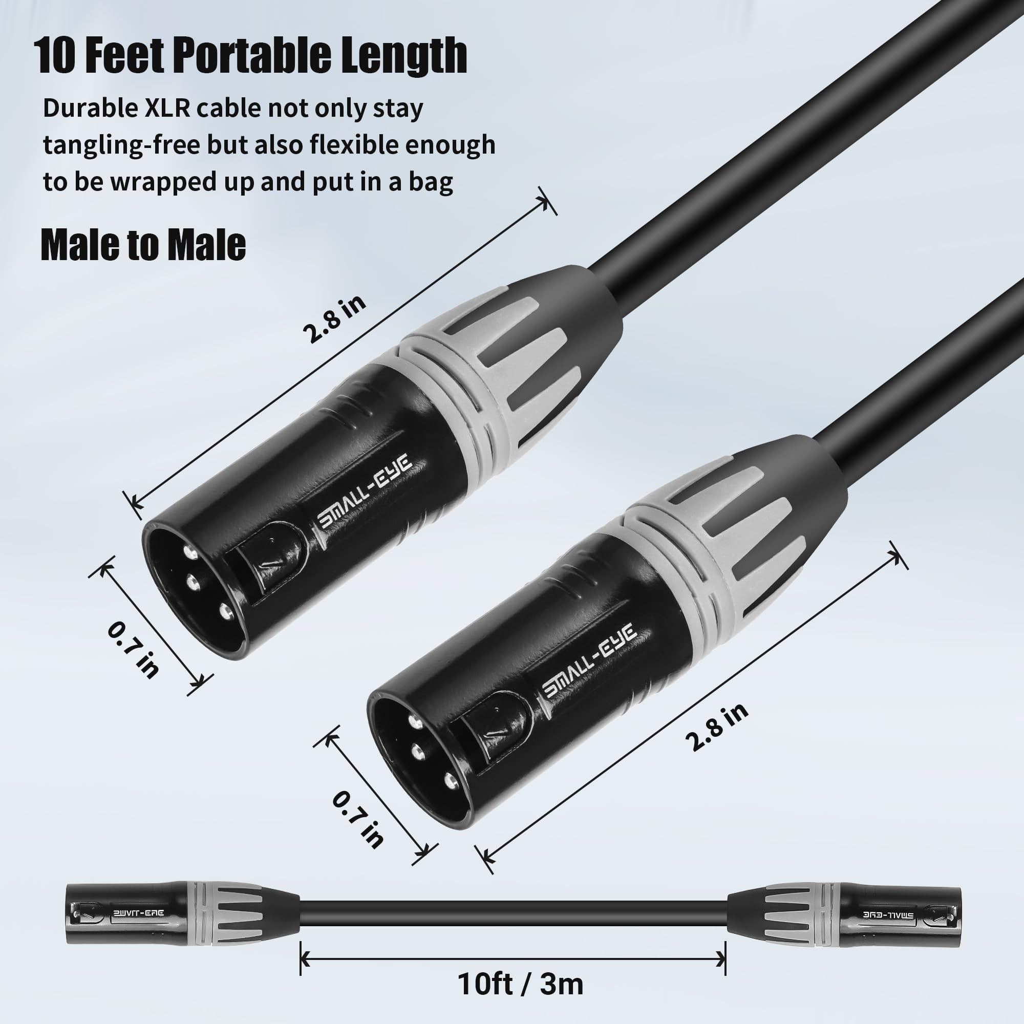 SMALL-EYE Cables XLR de 10 pies de 3 pines XLR macho a macho, cables de micrófono de grado profesional 22 AWG (OFC), cables de conexión XLR equilibrados, paquete de 2