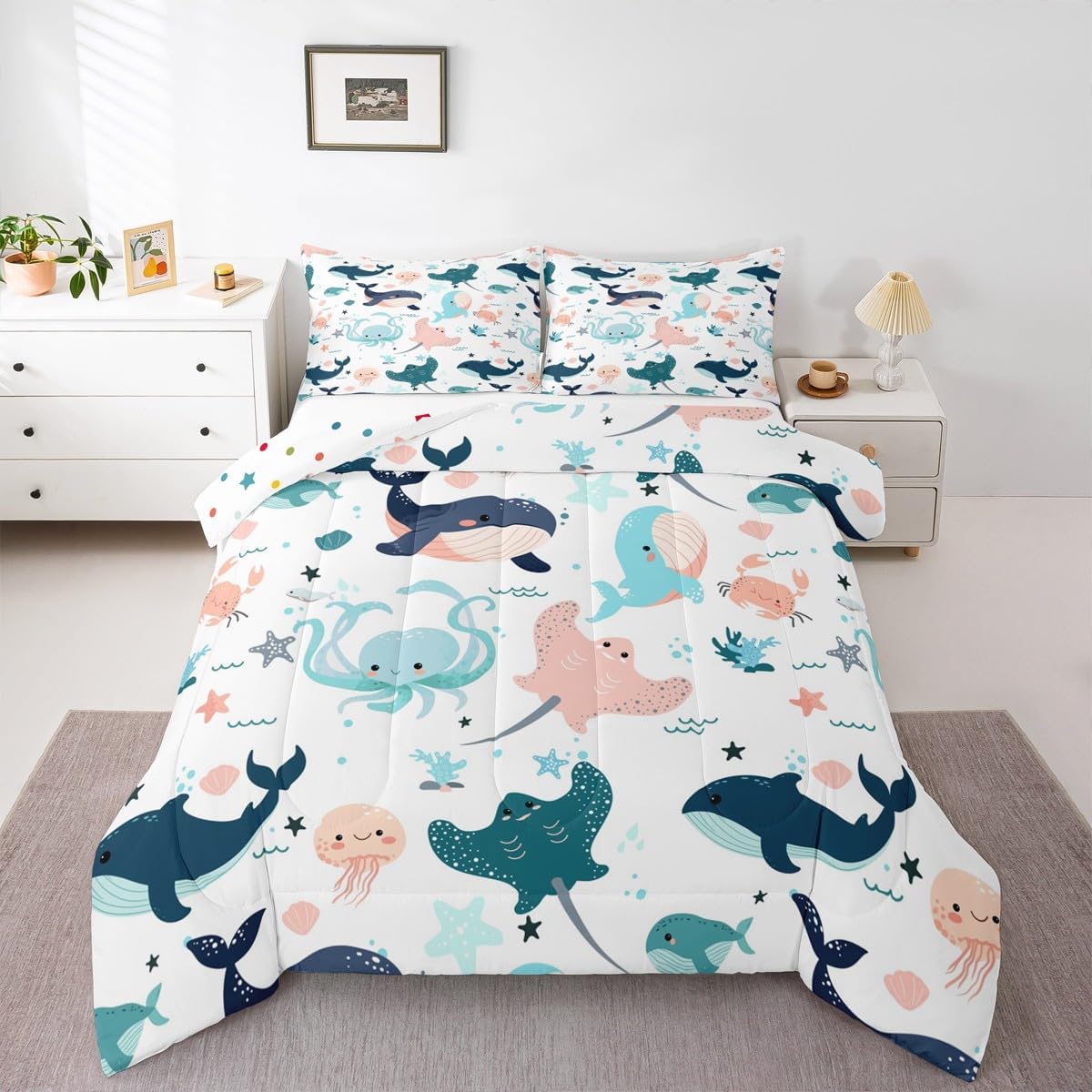 Kids Kawaii Whale Bedding Set Cute Dolphin Comforter Set For Girls Boys Children Twin Cartoon Crab Jellyfish Octopus Comforter Underwater World Quilt Duvet Ocean Animal Theme Bedroom Decor 2 Pcs
