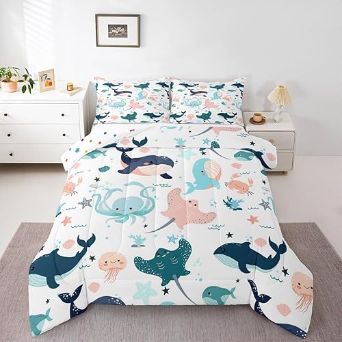 Juego de ropa de cama Kawaii de ballena para niños, juego de edredón lindo de delfín para niñas y niños, edredón de cangrejo de dibujos animados,