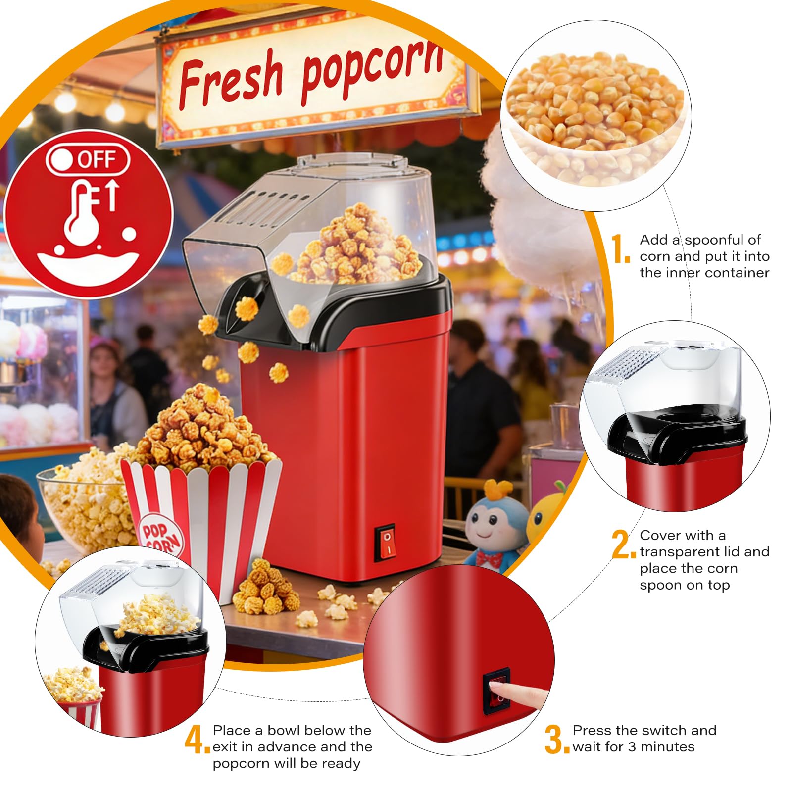 Macchina per popcorn 1200 W ad aria calda popcorn Maker, popcorn maker, popcorn senza olio, 3 minuti veloci per home theater, serate cinema, feste, Natale, funzionamento one-touch, senza Bpa