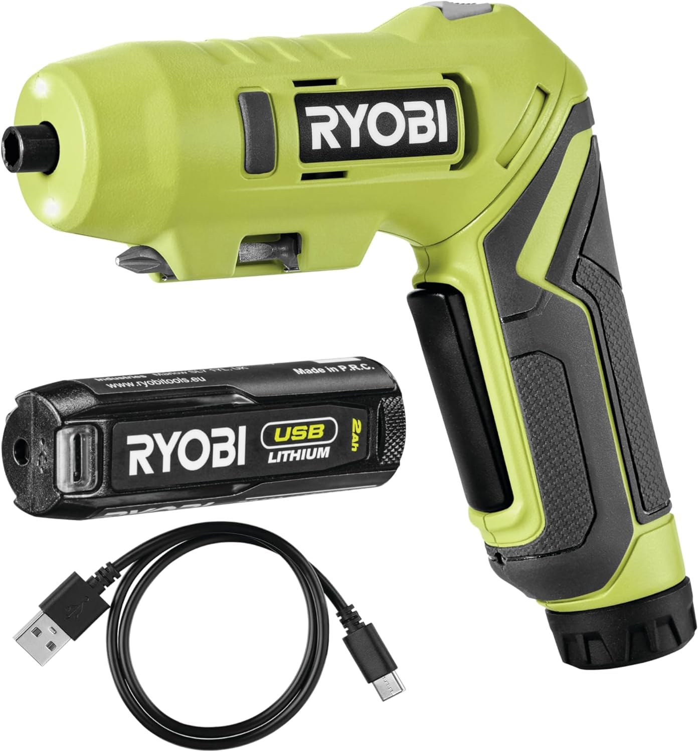 Ryobi Avvitatore a Batteria 4V, 1 Batteria al Litio 2.0Ah + Cavo Caricatore, Impugnatura Orientabile ed Ergonomica, 200 giri/min, Include 2 Punte per Avvitamento da 25 mm, RSDP4-120G