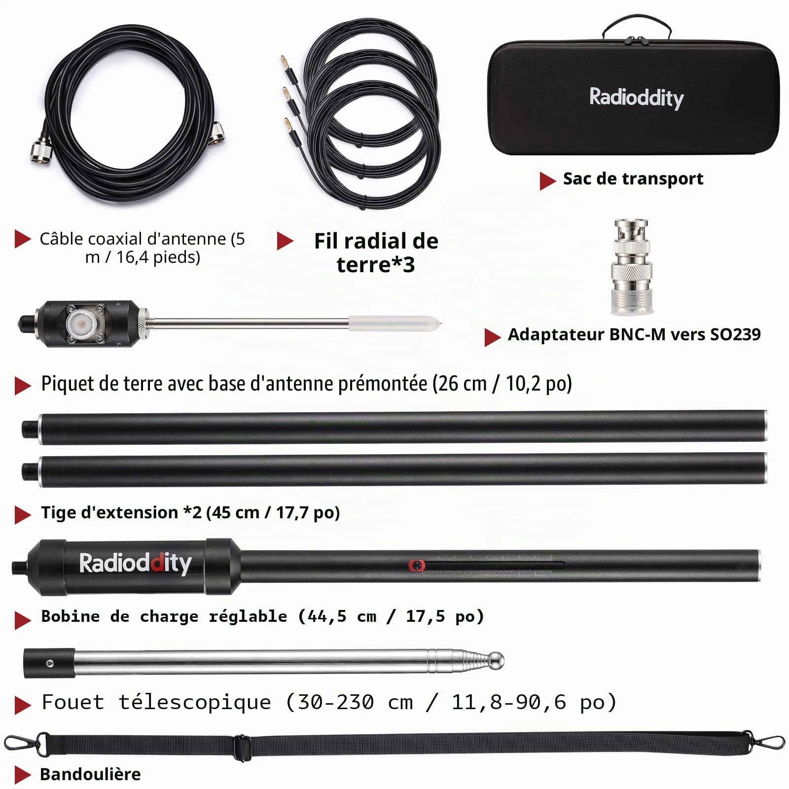 Radioddity HF-009 Antenne HF Portable, antenne Verticale 5-50 MHz, SWR 1.0-1.5, Compatible avec Xiegu G90/X6100/X6200, Radioddity QT40/QT60/QT80, pour émetteurs-récepteurs HF et radios Mobiles