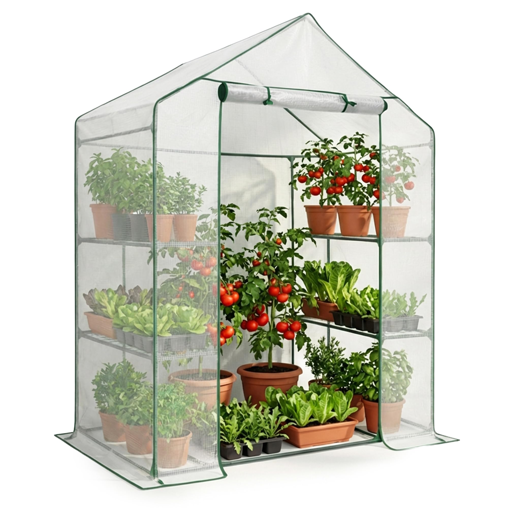 AKORD Mini Gewächshaus in Hausform mit Metallgestell & Regalen, Begehbares Foliengewächshaus mit PE-Folie & UV-Schutz, 143x73x195 cm, Weiß