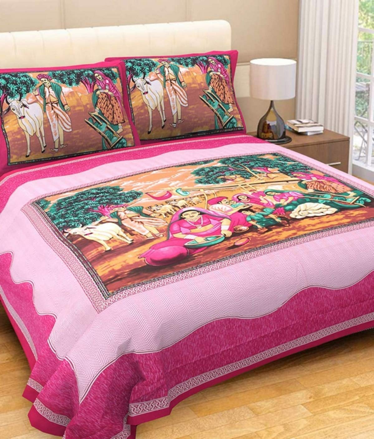 Drap de lit imprimé couvre-lit coton Sanganeri Jaipuri rose 84 x 90 pouces