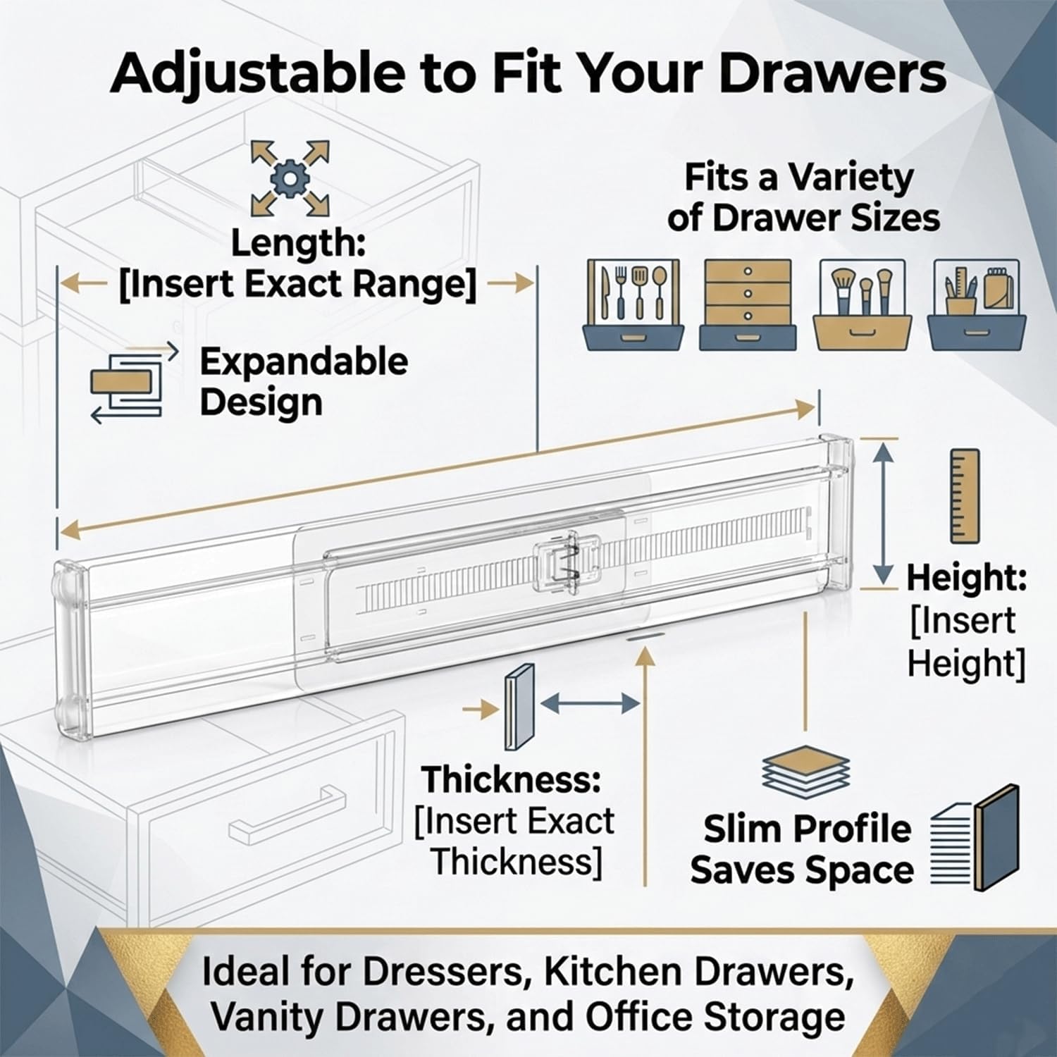 Clear Plastic Drawer Dividers, Adjustable Expandable 12.67"-21.14", 2.36" High Kitchen Organizer Separators for Utensils, Flatware, Cutlery, Clothes, Underwear, 8 Pack