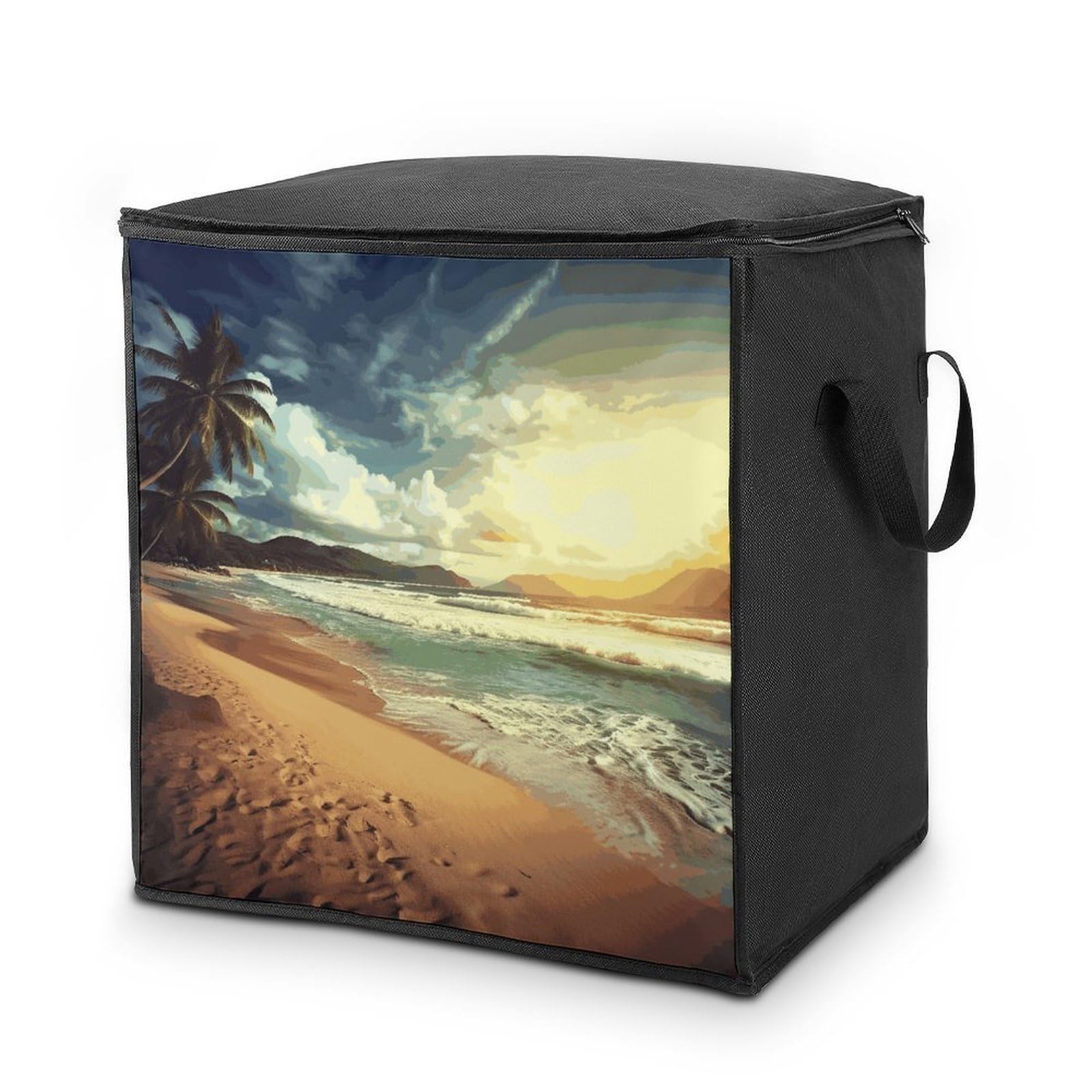 Sunset on The Beach Storage Bag with Zippers And Handle Extra Large Bedding Comforter Storage Bag Foldable Blanket Storage Bags Fabric Moving Bags for Closet Organizer (70L)