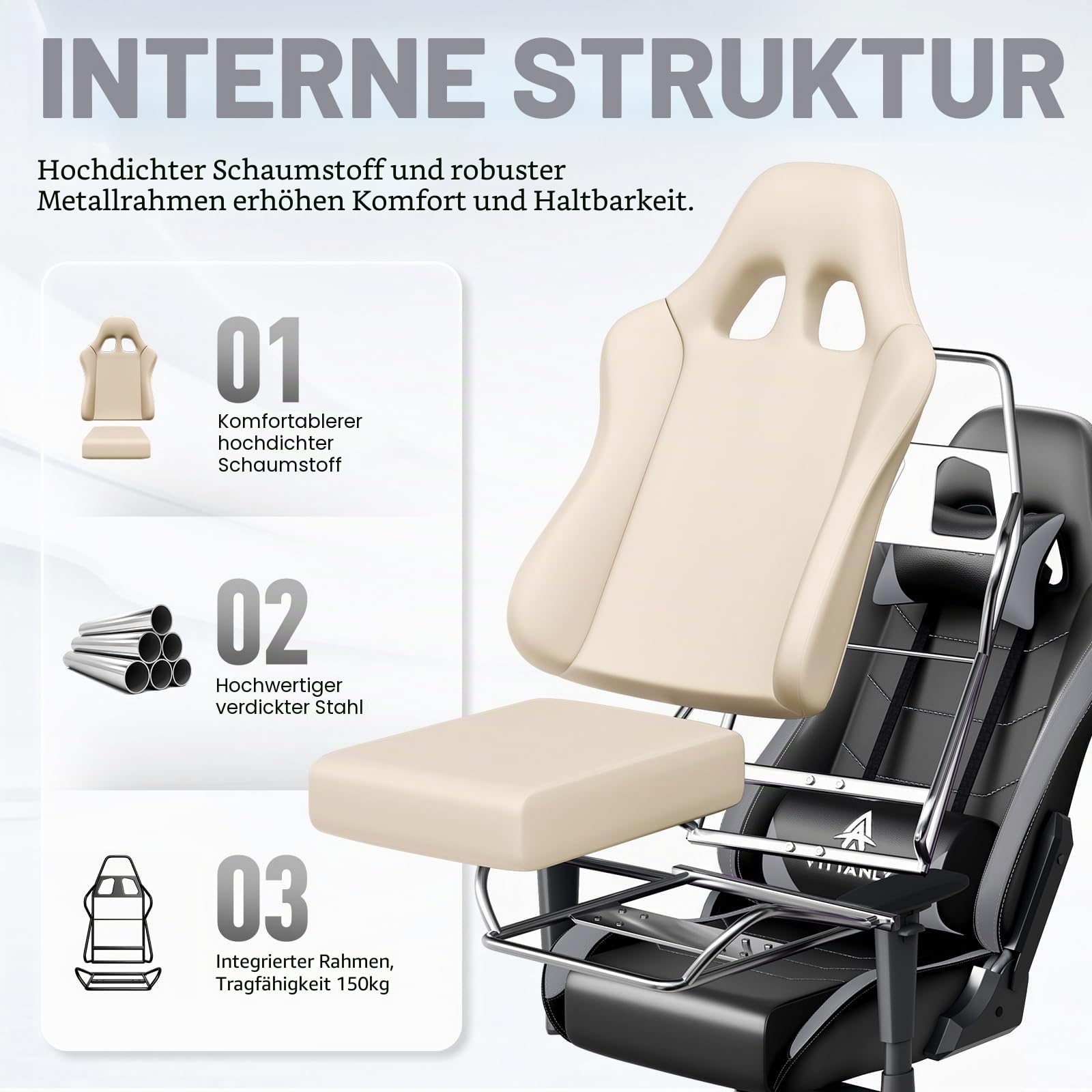 Vittanly Gaming Stuhl, 90-165° Rückenlehne, Tragkraft 150 kg, Grau | Kopfstütze und Lendenkissen, Gaming Chair, Gamer Stuhl, Gaming Sessel, Bürostuh, Schreibtischstuhl