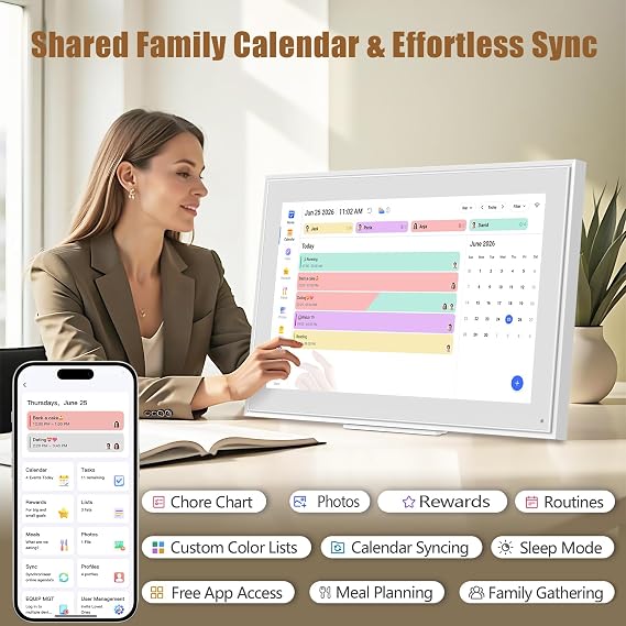 Digital Calendar:21.5 Electronic Calendar & Chore Chart, Family Wall Planner,Full HD Interactive Smart Touchscreen Display for Family Schedules,Seamless Scheduling/Organizing-Wall/Desk Mountable