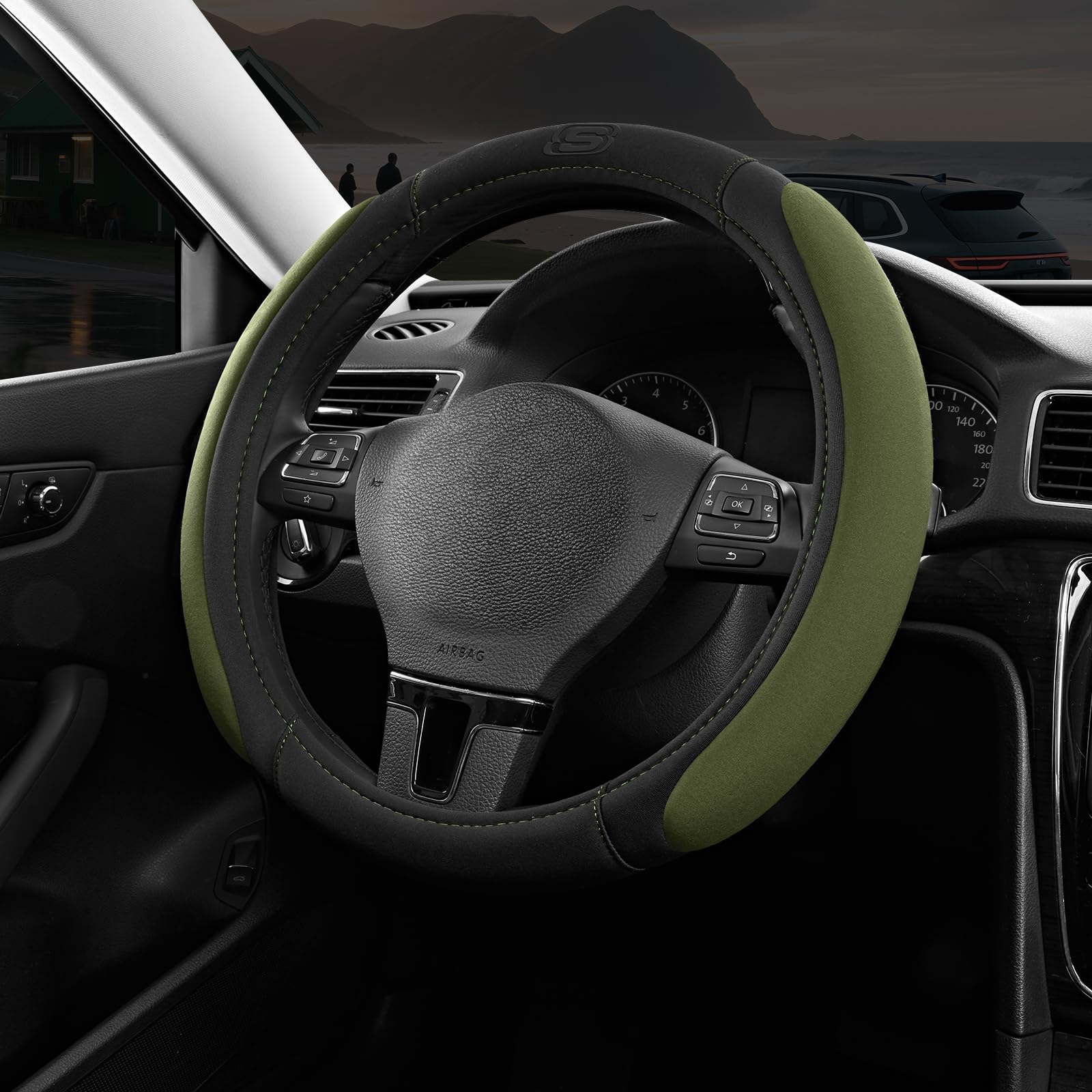 Photo 1 of Skechers Steering Wheel Cover, Memory Foam Car Steering Wheel Cover,14.5-15inch Anti-Slip Safety Comfortable Desgin, Universal Accessory for Diverse Cars, Truck,SUV (Black & Olive)
