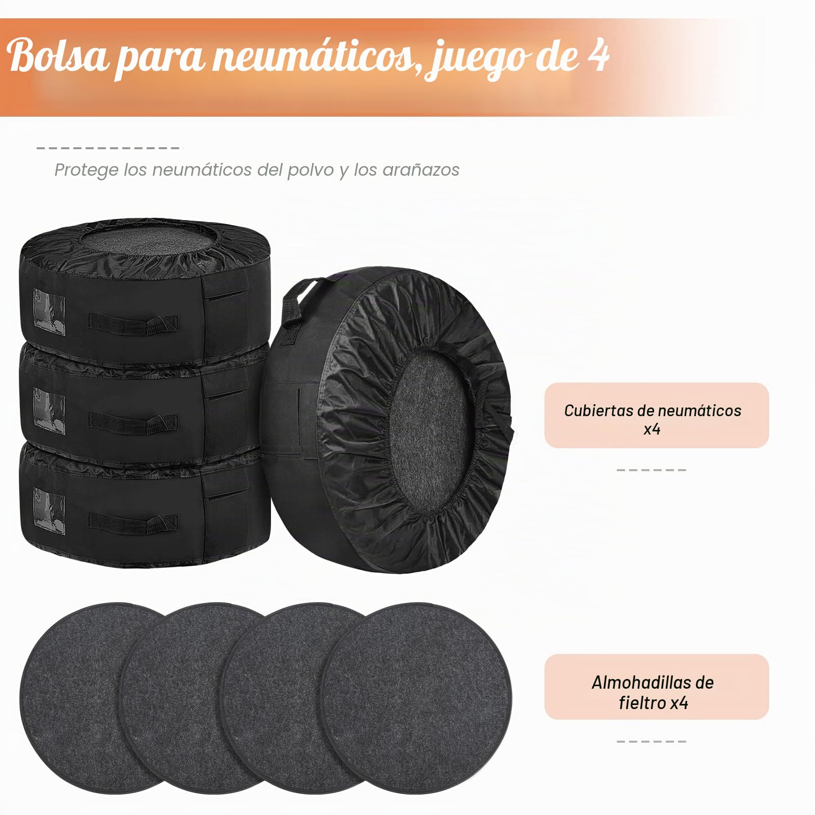 ZATOOTO Juego de Bolsas para Neumáticos, Funda Protectora para Neumáticos con 4 Almohadillas de Fieltro, para 4 Neumáticos (hasta 20 Pulgadas), para un Transporte un Almacenamiento, Oxford, Negro