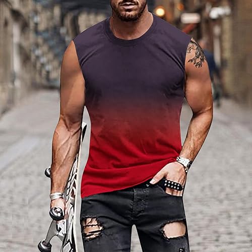 Miniatura 2 de Camisas hawaianas para hombre, ajuste clásico, cuello redondo, sin mangas, color degradado, camiseta sin mangas para verano, camiseta muscular casual