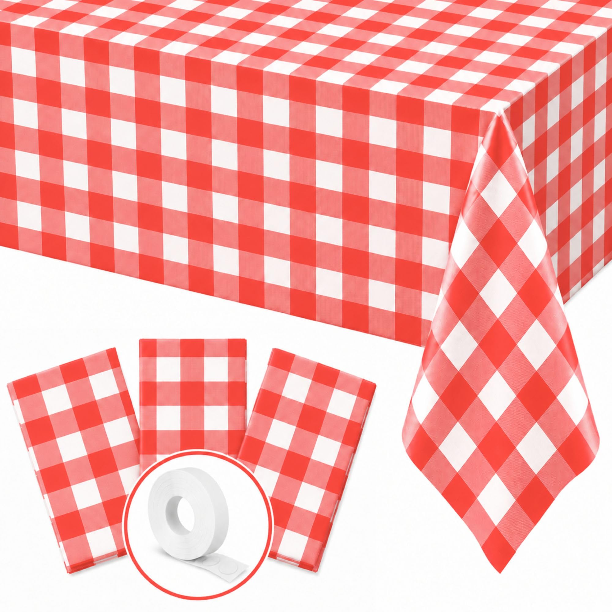 Blue Orchards Red Gingham Table Cover (Pack of 3 with 20 Glue dots) - 54"x108" XL - Red and White Checkered Picnic Plaid Tablecloth, Plastic Rectangle Decoration for Outdoor Birthday Party Supplies