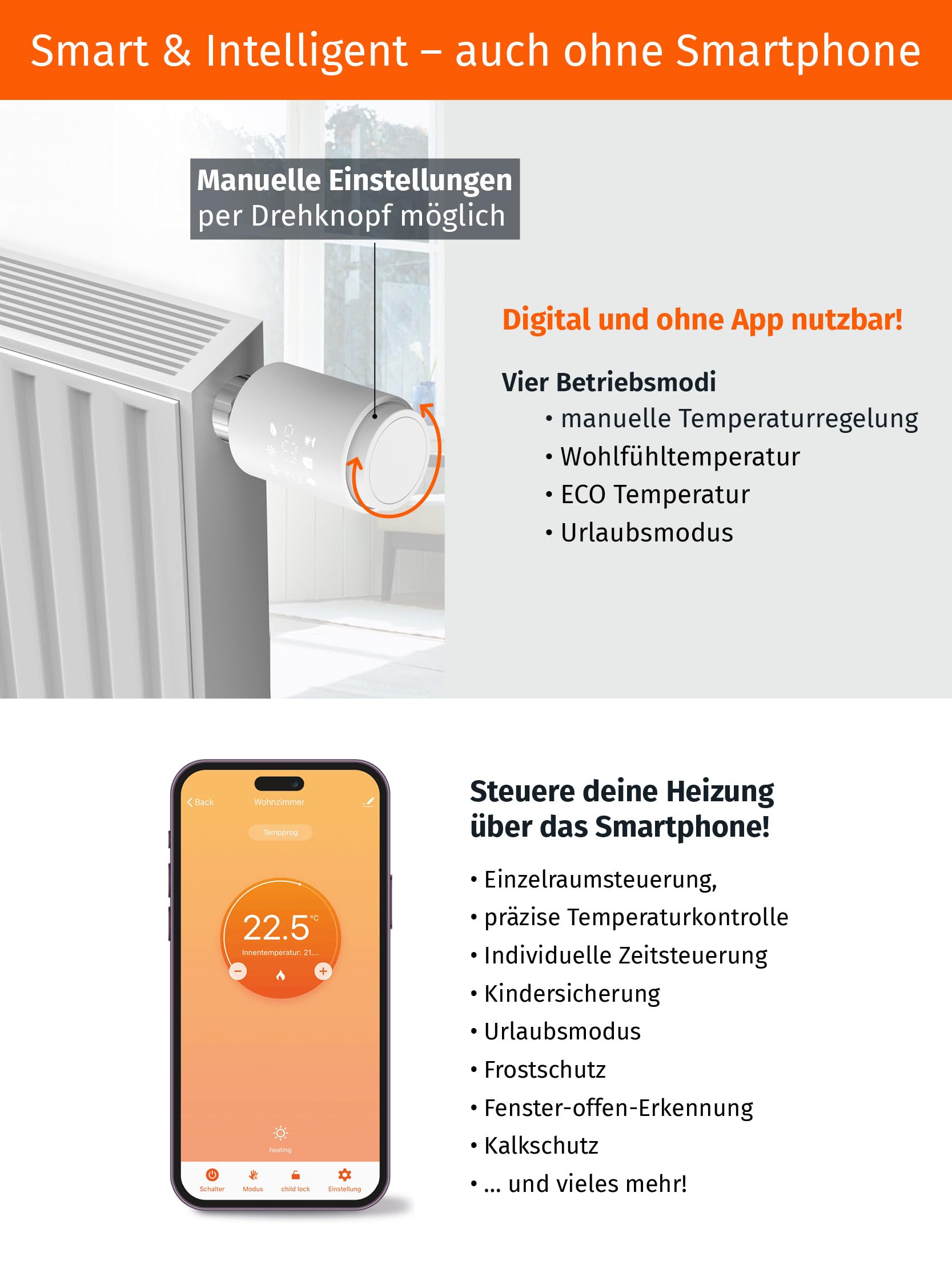 Könighaus Smartes Heizkörperthermostat OHNE Zigbee - Moderne Heizregelung mit App Steuerung ✓ Kompatibel mit Siri, Alexa, Google, Tuya ✓ kinderleichte Bedienung ✓ kein Zigbee oder Gateway nötig