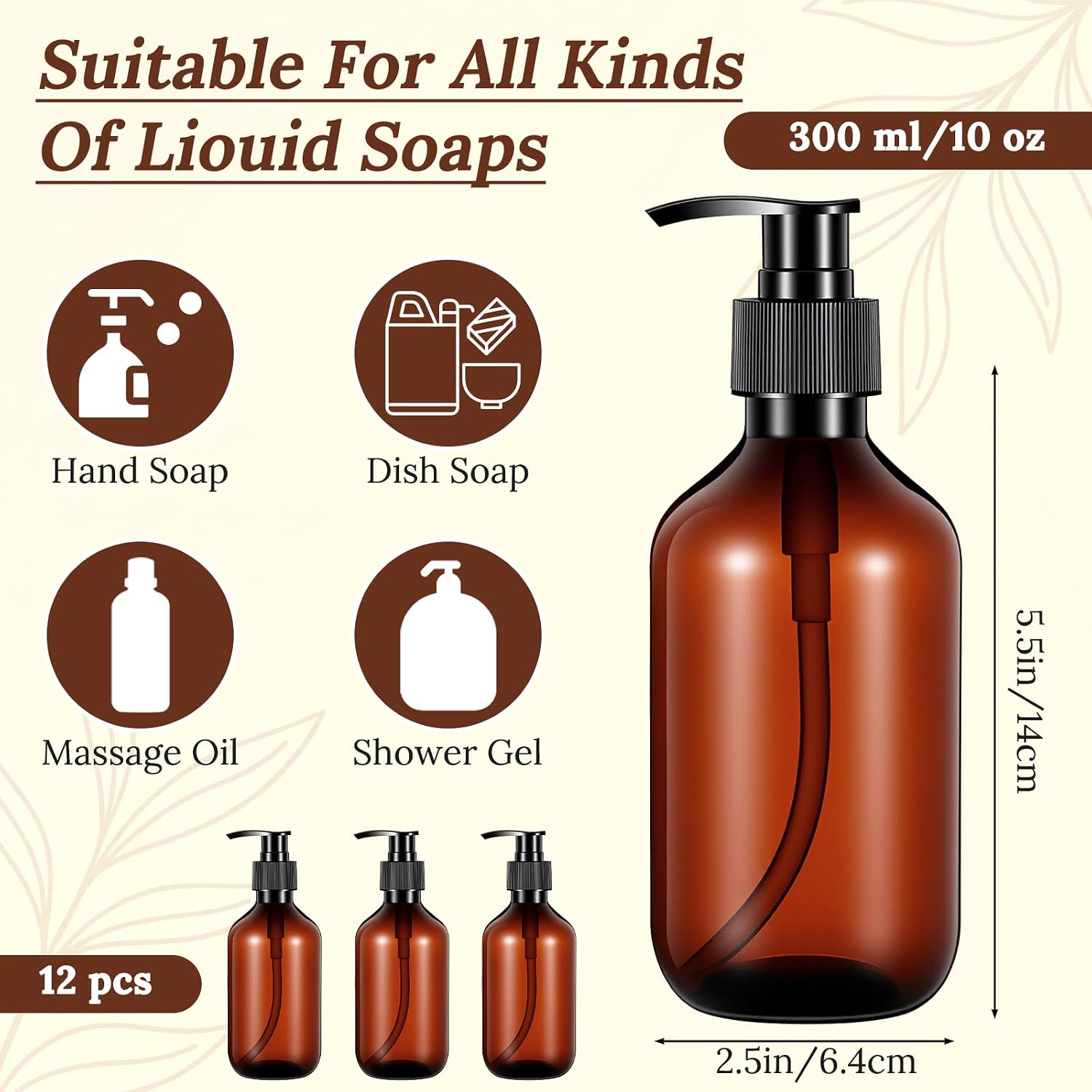 12 Pack 10 oz Amber Soap Dispenser Empty Plastic Pump Bottles Refillable Lotion Bottle for Shampoo Conditioner Hand Body Wash Bathroom Kitchen Travel