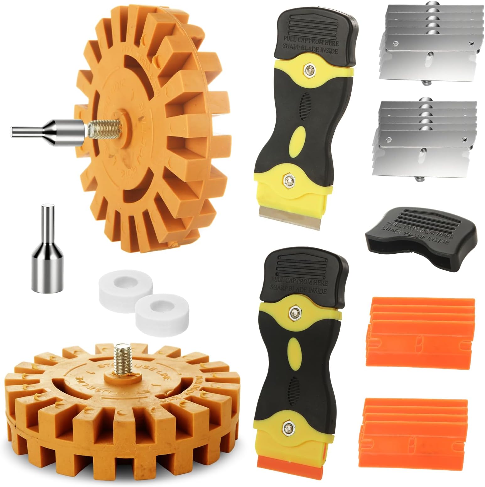 MIVIDE 4 Pack Decal Remover Eraser Wheel Tool Set, 4inch Rubber Power Drill Car Adhesive Pinstripe Sticker Vinyl Removal Tool with Razor Blade Scraper Drill Adapter for Cars, RV, Boats(1 Pack Slotted)