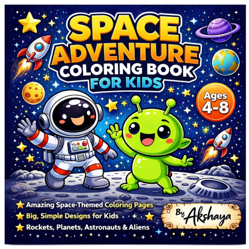 SPACE ADVENTURE COLORING BOOK: Cute Astronauts, Rockets, UFOs, Aliens and Planets – Fun & Easy Coloring Pages for Boys and Girls Ages 4-8