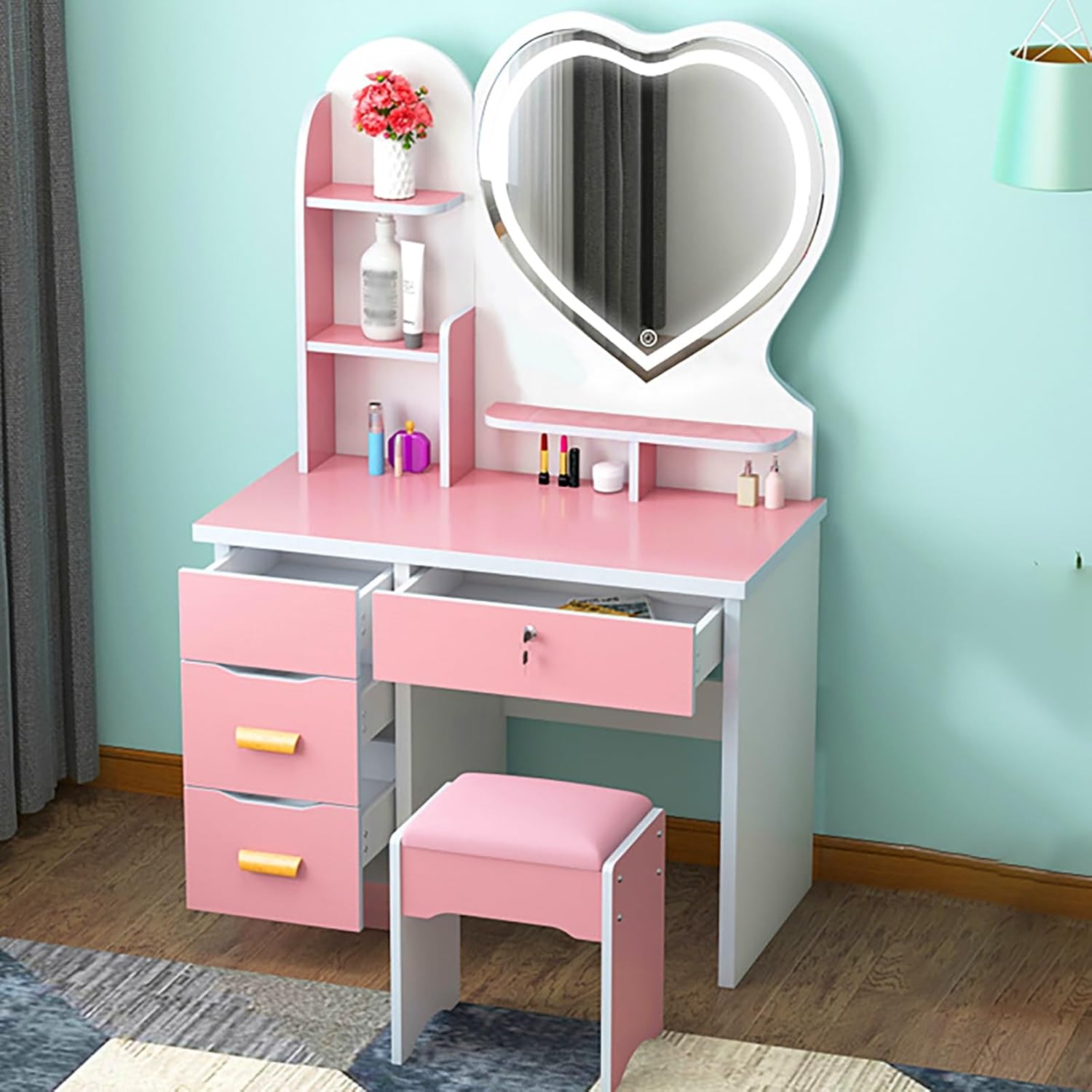 Girls Vanity Desk, 3 in 1 Vanity Desk with 4 Drawers with 3-Color LED Lights Mirror and Cushioned Stool, Multi-Tier Storage,Suitable for Bedrooms，Pink