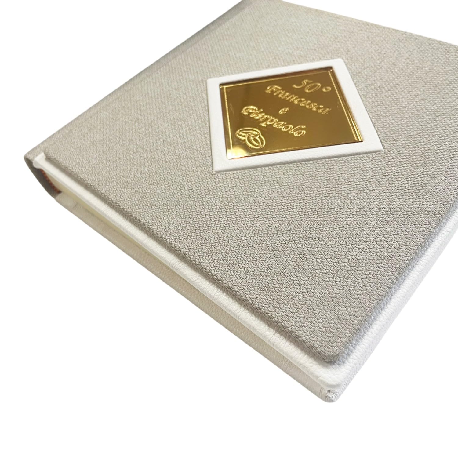Album Fotografico Artigianale -Zenith- in Tessuto con Profili in ecopelle a contrasto, Rombo centrale a specchio Personalizzabile, Matrimonio,Anniversario,Comunione,Eventi (Beige-Bianco-Oro)