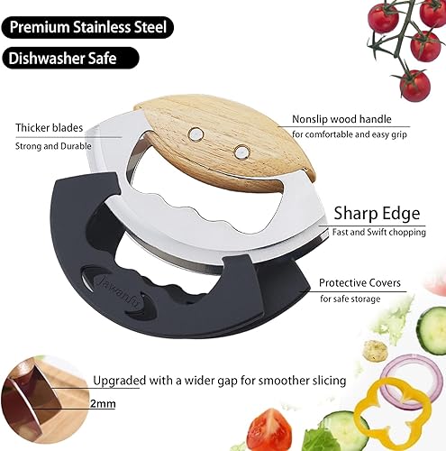 Miniatura 2 de Mezzaluna - Herramientas para picar ensaladas con cubierta protectora, cuchillo de corte de doble hoja de mano súper afilado, cuchillo balancín de